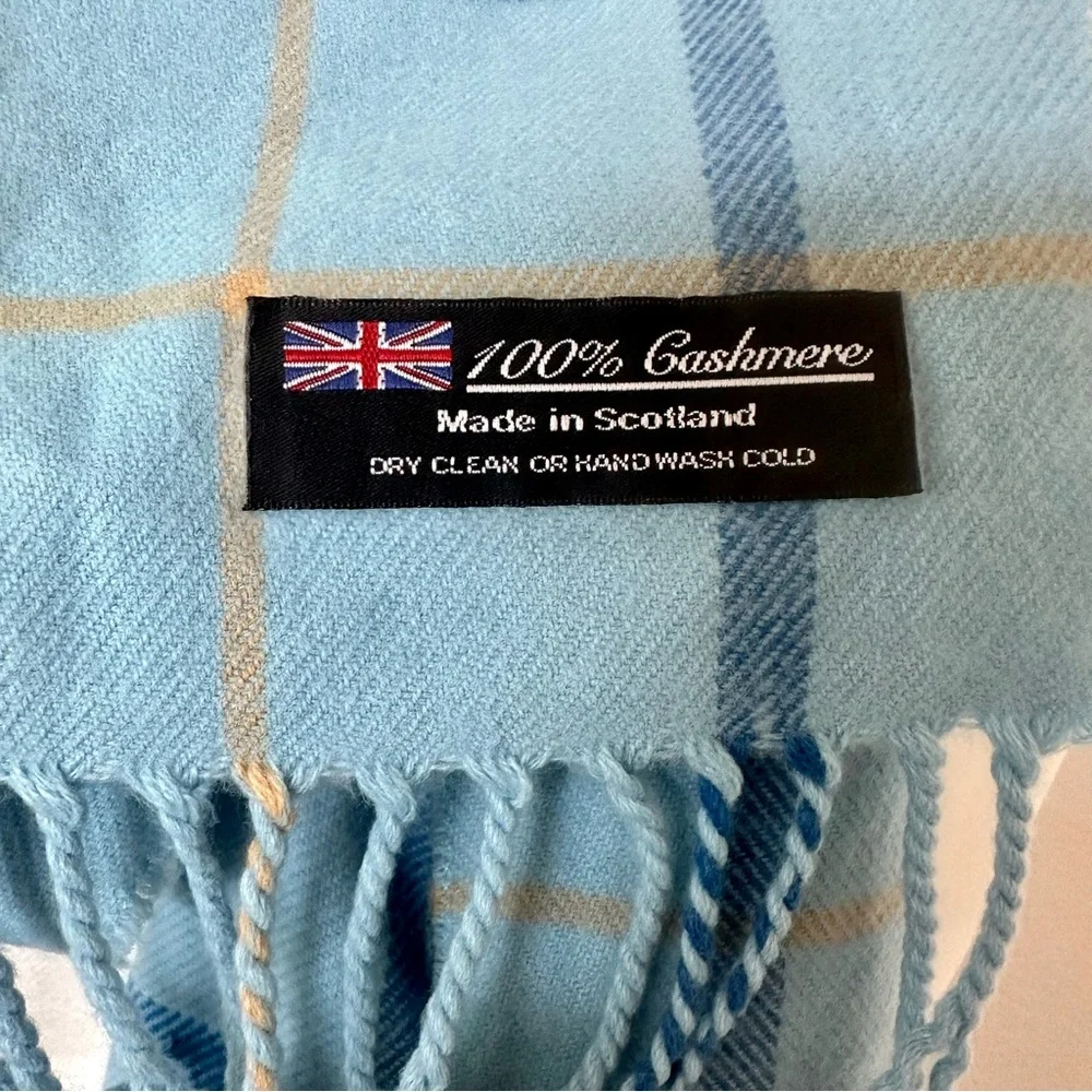 100% Cashmere Mens Scarf Made In Scotland Light Blue Tan Plaid Fringed 63” Lux